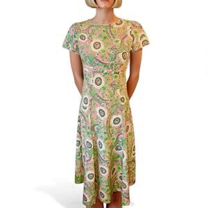 Vintage 1970’s floral print midi dress A-line retro pink and green mid mod
